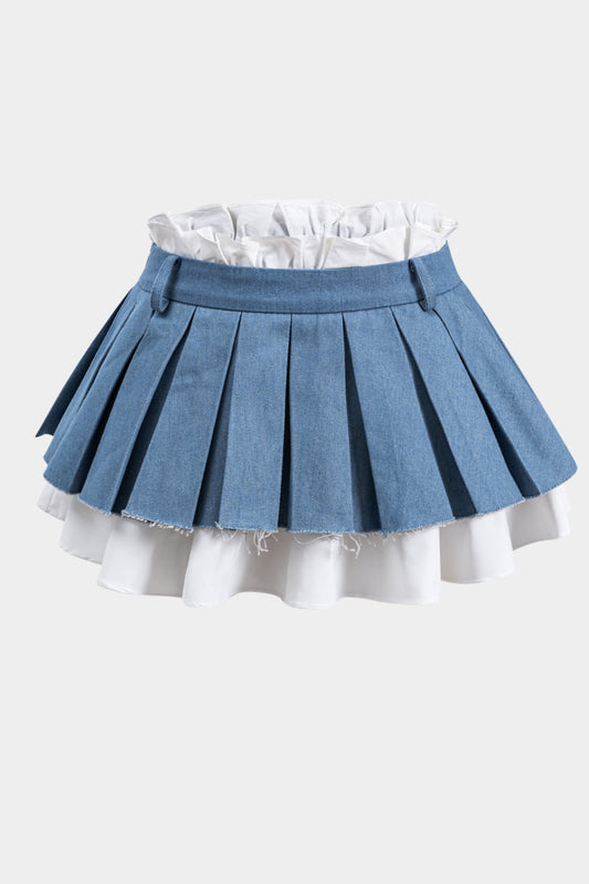 Contrast Denim Pleated Patchwork Skirt