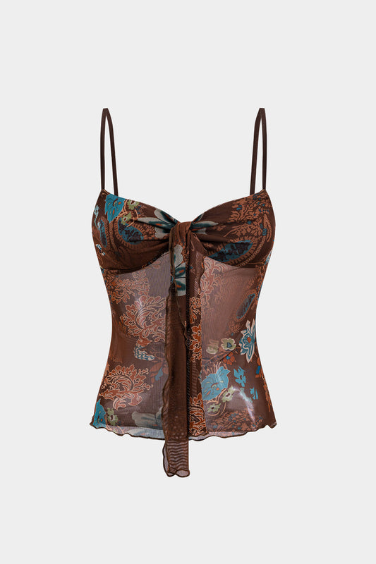 Contrast Retro Print Mesh Tie-Up Knot Slip Cami Top