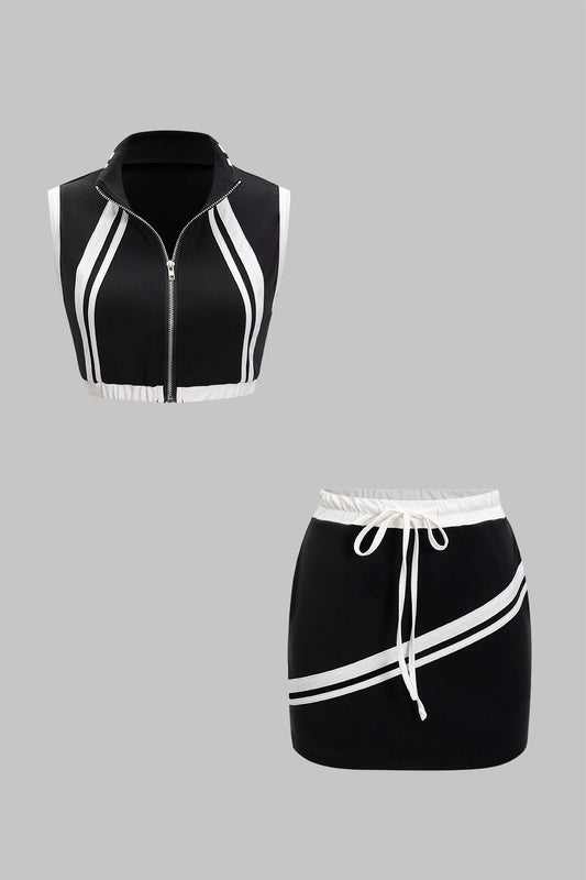 Contrast Zipper Tank Top And Tie-Up Skirt Set
