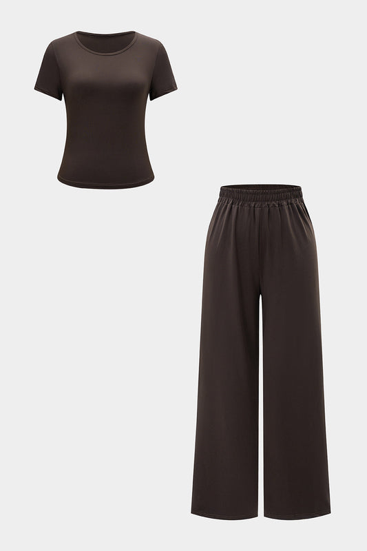 Solid Basic Short-Sleeve T-Shirt And Pleated Wide Leg Trousers Set