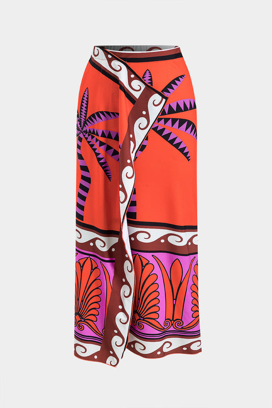 Coconut Palm Print Pleated Slit Cover Up