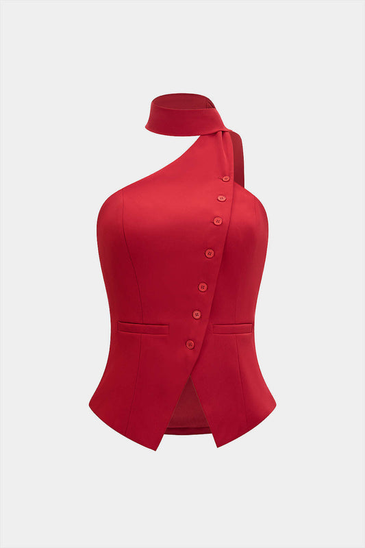 Button Halter Neck Backless Tank Top