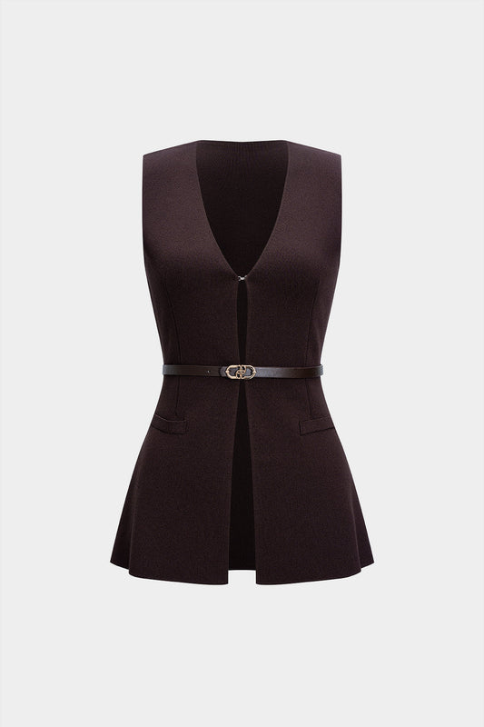 Knit Belted Fake Pockets Tank Top