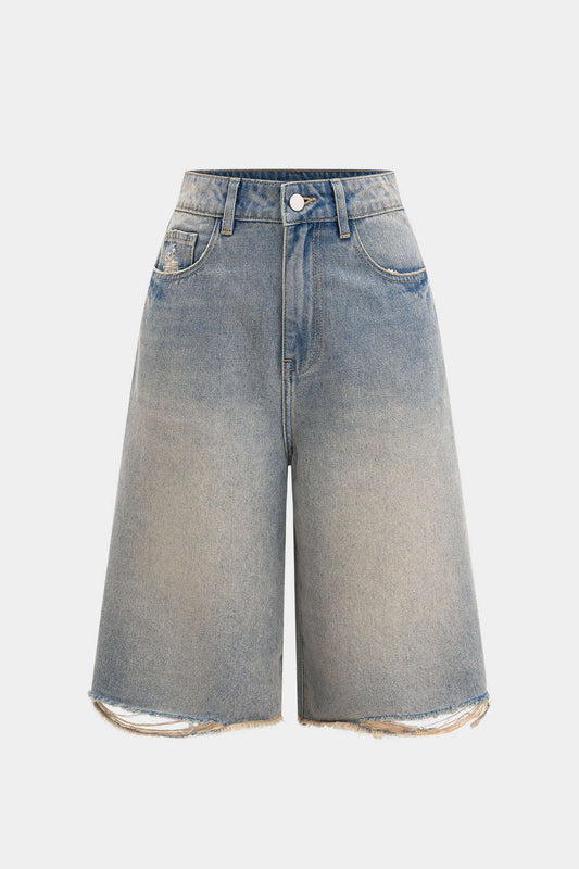 Denim Straight Leg Ripped Frayed Jorts