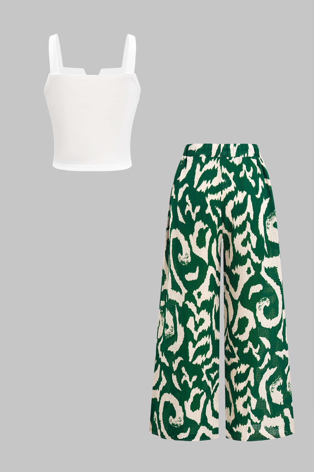 Sleeveless Tank Top And Hawaiian Pattern Contrast Wide Leg Trousers Set