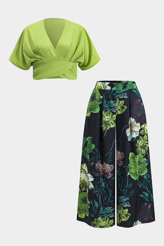 Plus Size V-Neck Ruched Tank Top And Floral Print Trousers Set