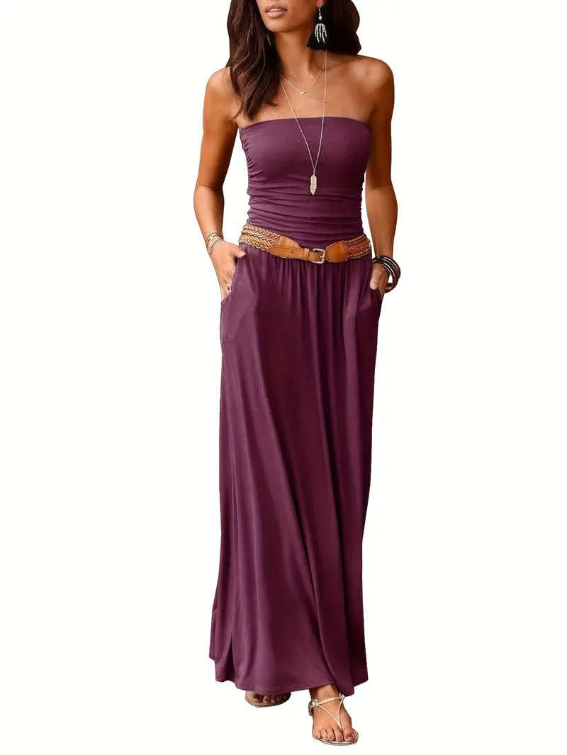 Vintage Solid Color Versatile Strapless Maxi Dress with Pockets