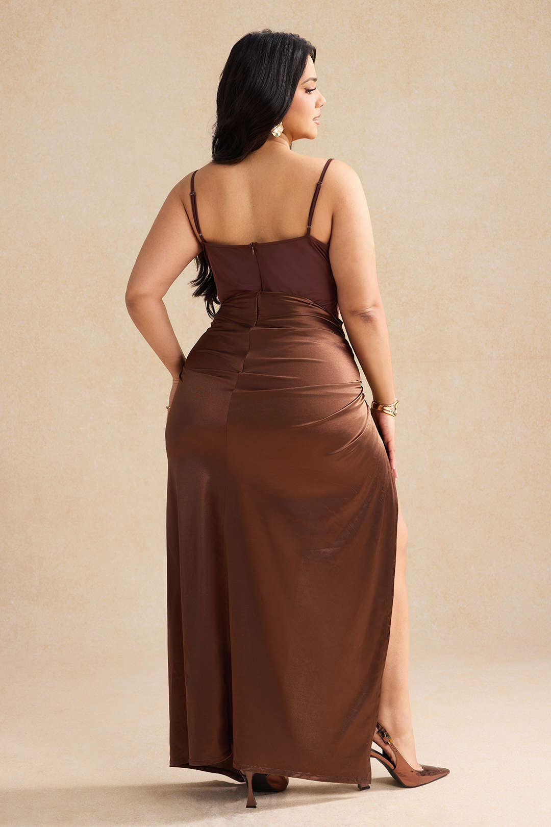 Plus Size Satin Ruched Patchwork Twist Knot Zipper Slit Midi Dress
