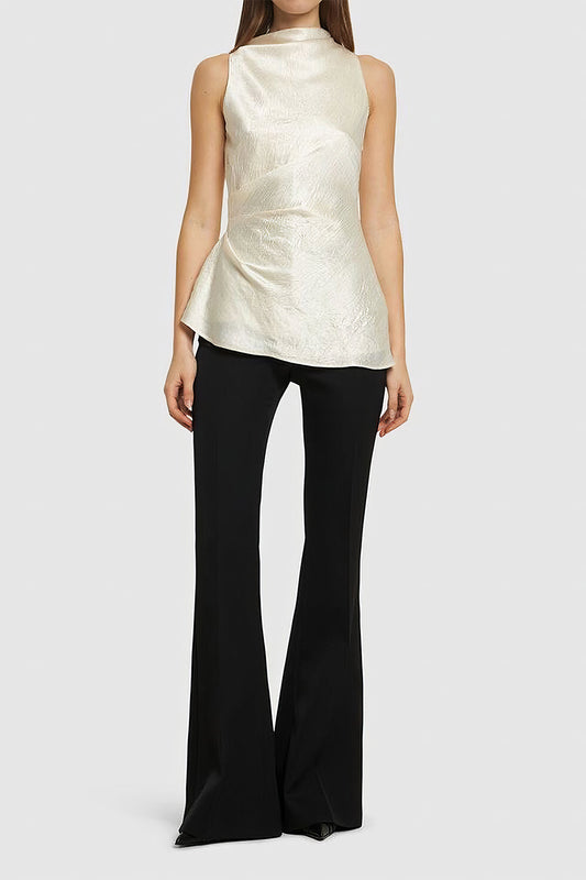 Satin Asymmetrical Ruched Short-Sleeve Shirt
