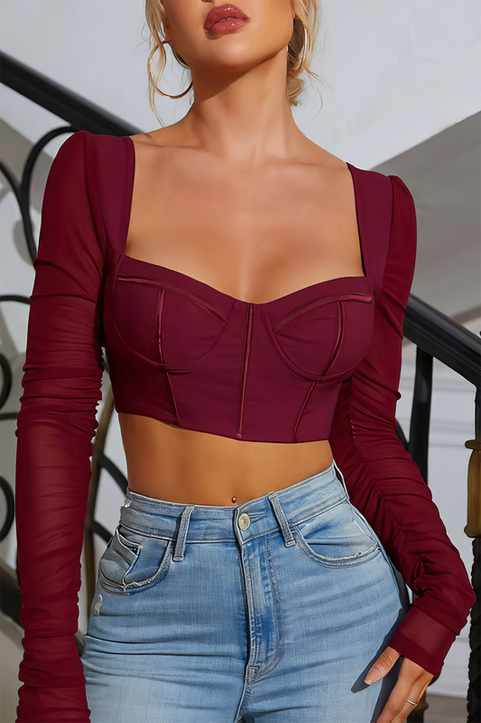 Bustier Mesh Patchwork Long Sleeve Top