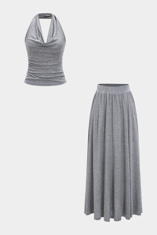 Solid Cowl Neck And Skirt Set