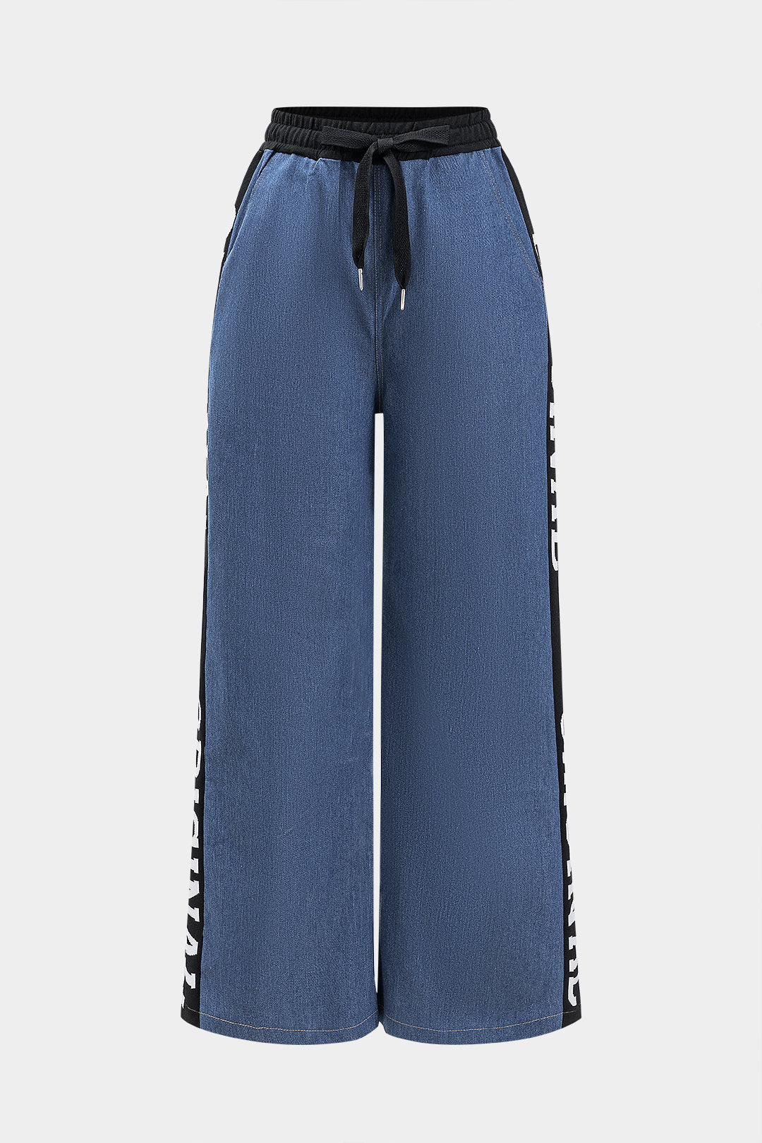 Letter Print Denim Pleated Tie Front Patchwork Wide Leg Trousers