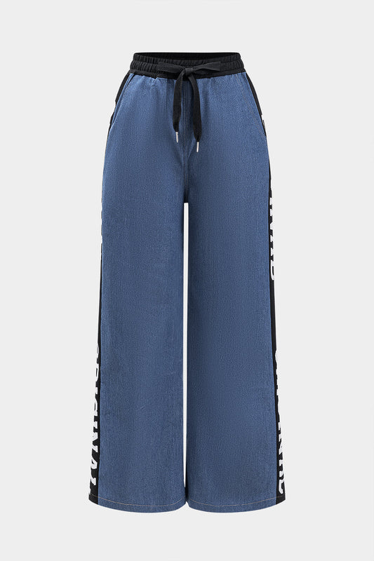 Letter Print Denim Pleated Tie Front Patchwork Wide Leg Trousers