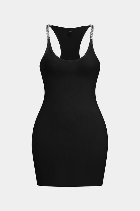 Plus Size Metallic Chain Patchwork Round Neck Sleeveless Mini Dress