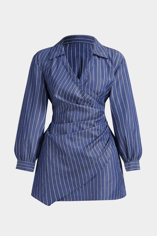 Plus Size Stripes Print Crossed Ruched Smocked Long Sleeve Mini Dress