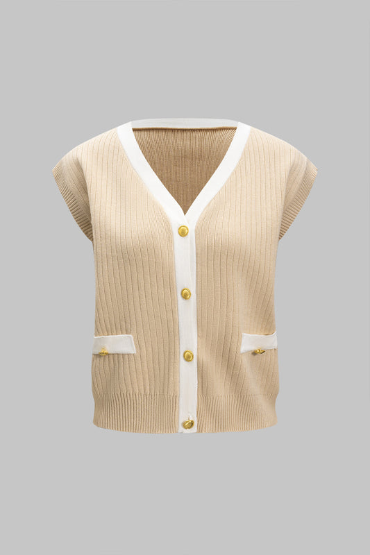Knit Metallic Button V-Neck Tank Top