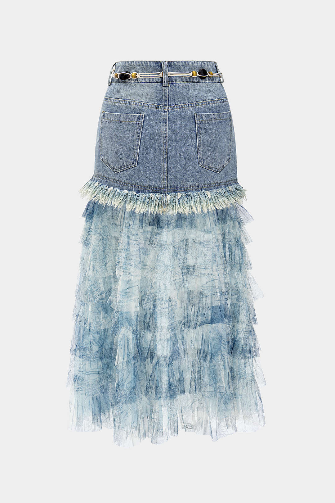 Denim Frayed Mesh Patchwork Belted Skirt