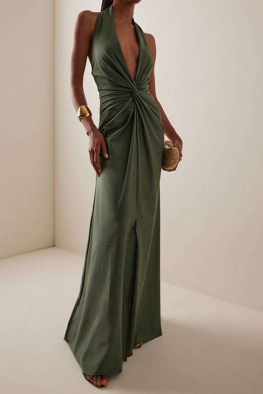 Halter Neck Backless Ruched Twist Knot Sleeveless Maxi Dress