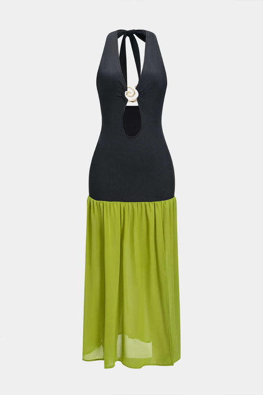 Chiffon V-Neck Halter Neck Metallic Decor Patchwork Sleeveless Slit Maxi Dress