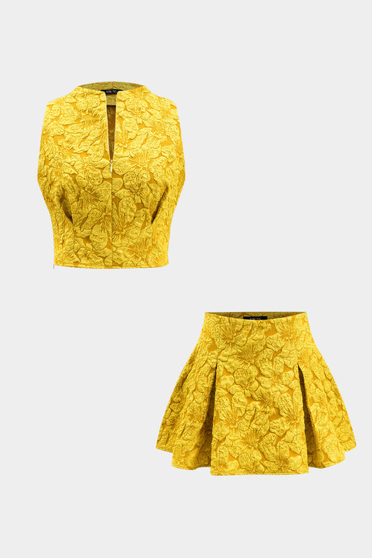 Jacquard Ruched Zipper Sleeveless Tank Top And Skirt Set