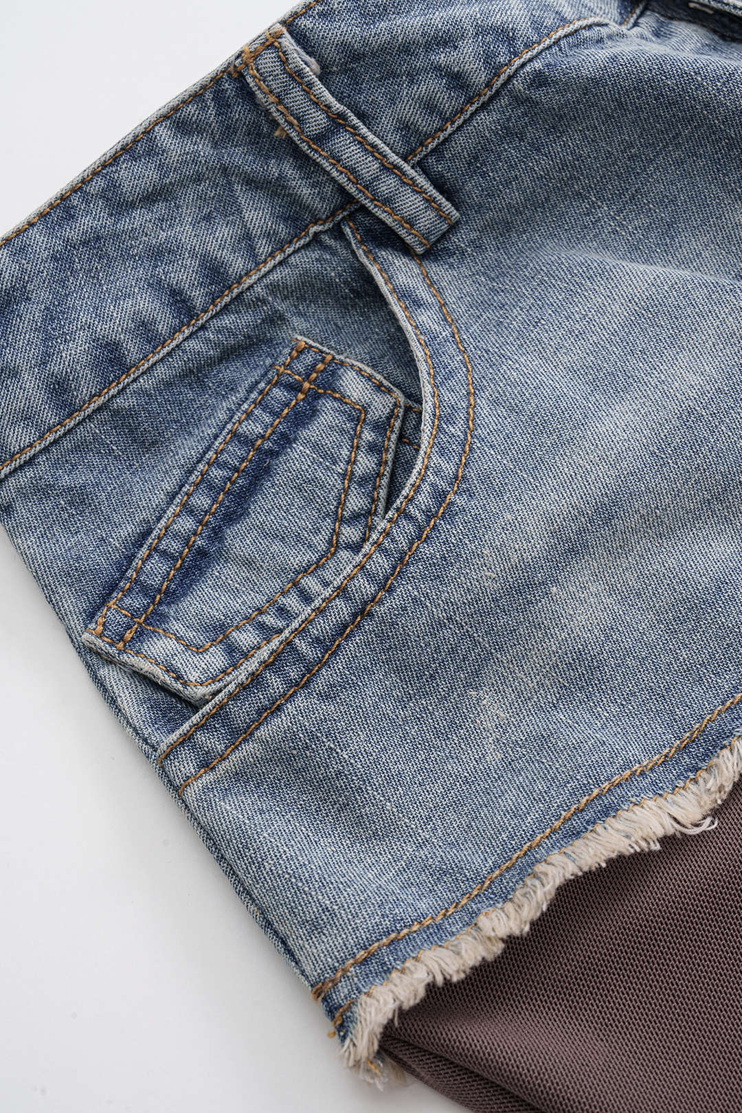 Denim Mesh Patchwork Frayed Ruched Ruffle Slit Skirt