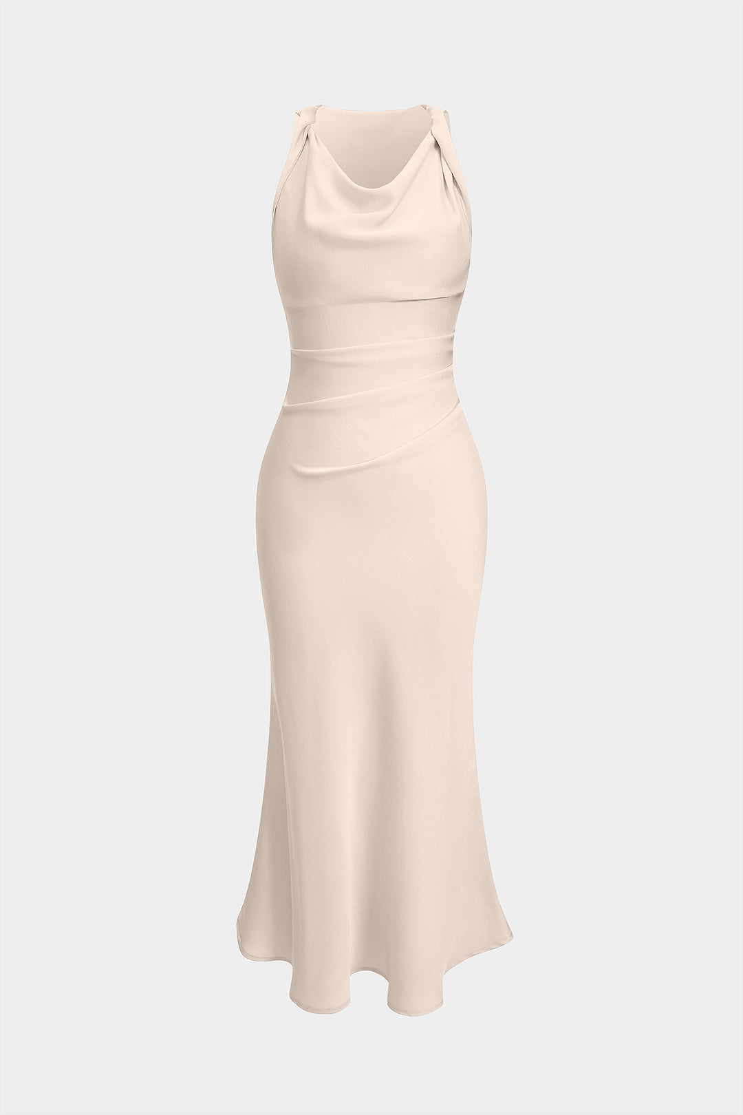 Satin Slip Twist Knot Ruched Sleeveless Midi Dress