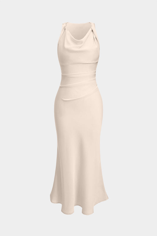 Satin Slip Twist Knot Ruched Sleeveless Midi Dress