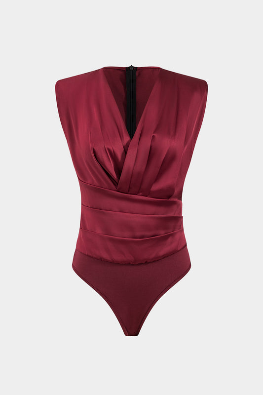 Ruched Shoulder Pads V-Neck Sleeveless Bodysuit