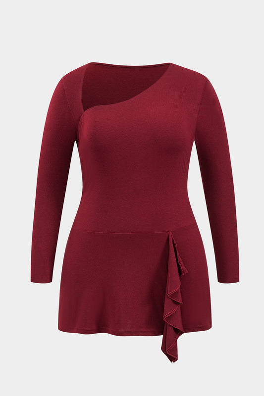 Plus Size Ruffle Asymmetrical Long Sleeve Mini Dress