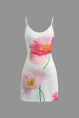 White Vintage Floral Print Backless Slip Mini Dress