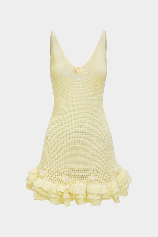 Knit Hollow Out Backless V-Neck Ruffle Sleeveless Dress