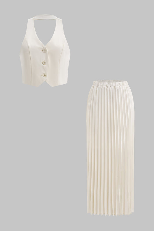 Halter Neck Button Backless Tank Top And Pleated Skirt Set