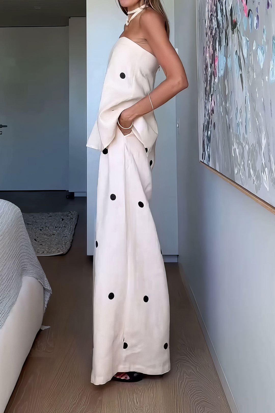 Polka Dots Print Shirt And Wide Leg Pants Set