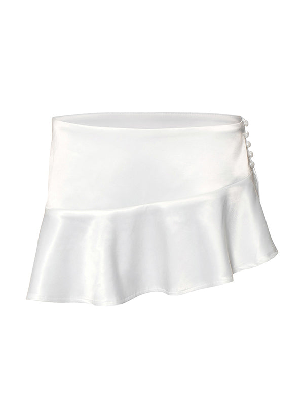 White Vintage Short Navel-Baring Ruffled Pearl Buckle Mini Skirt