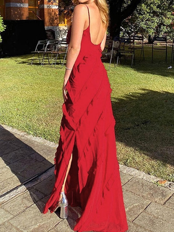 Red Vintage Halter Backless Slit Ruffles Maxi Dress