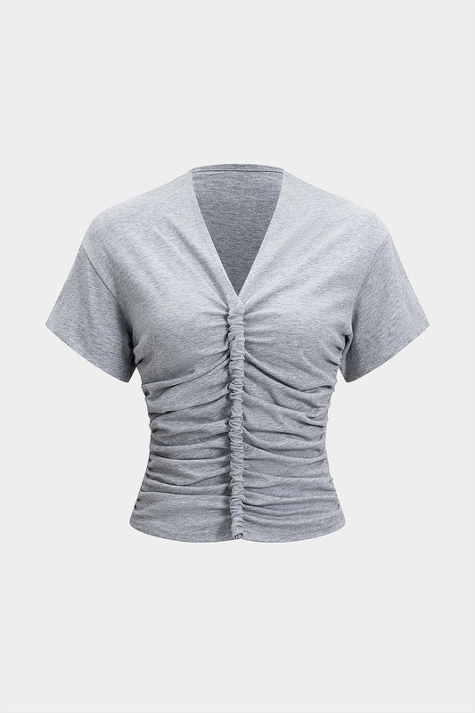 V-Neck Ruched Twist Knot Short Sleeve T-Shirt
