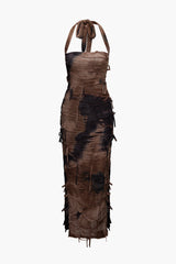 Vintage Tie Dye Distressed Mesh Maxi Dress with Slit Halter