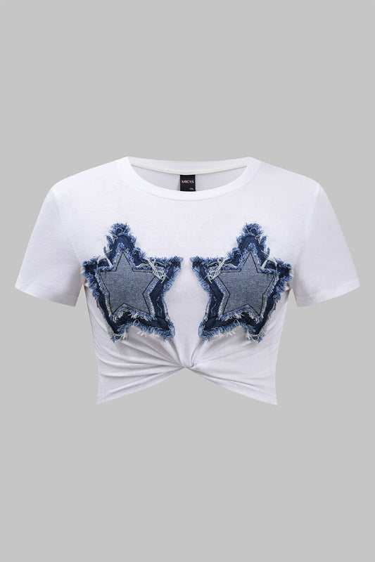 Plus Size Round Neck Denim Patchwork Short Sleeve T-Shirt