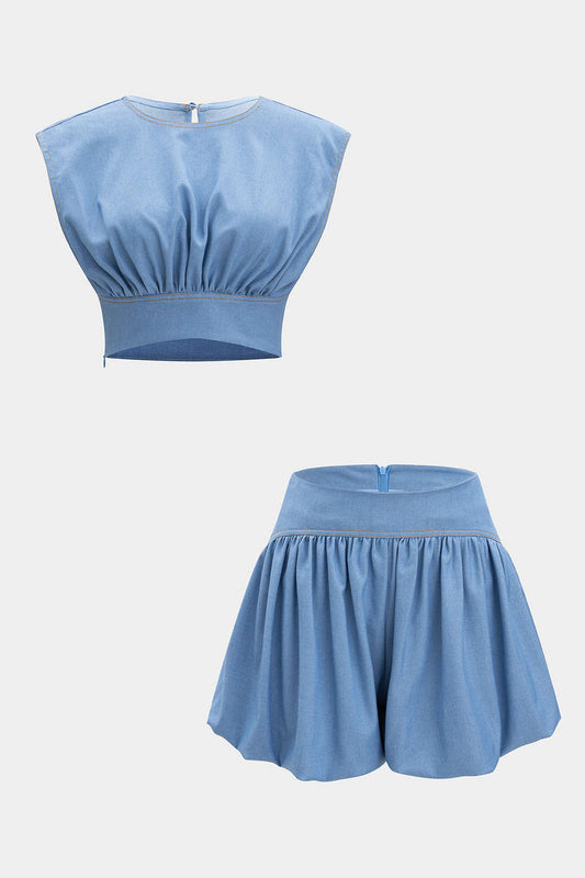 Denim Ruched Tank Top And Zipper Detail Shorts Set
