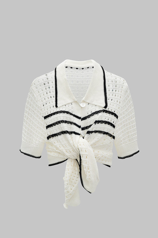 Knit Contrast Cut Out Short Sleeve T-Shirt