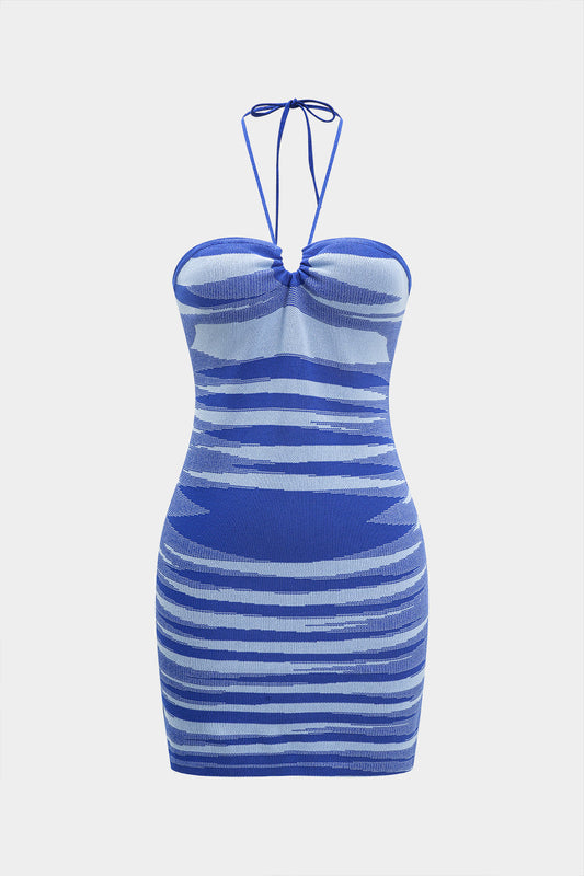 Knit V-Neck Halter Neck Tie-Up Sleeveless Dress