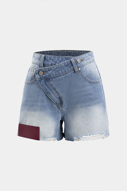 Denim Asymmetrical Button Pocket Ripped Shorts