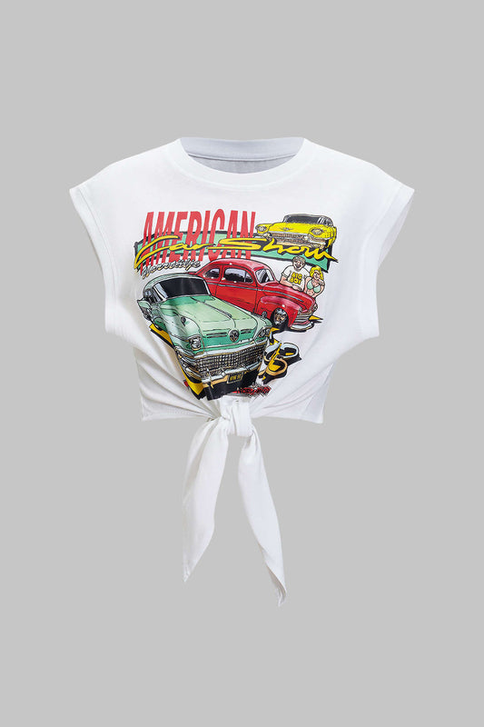 Car Letter Print Round Neck T-Shirt