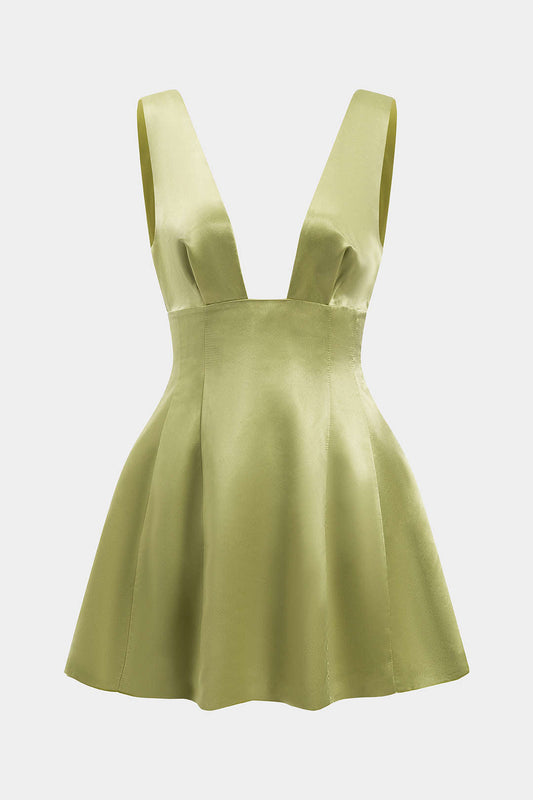 Satin Backless Pleated Sleeveless Mini Dress