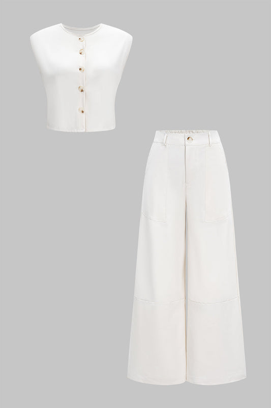 Button Tank Top And High Waist Wide Leg Trousers Set