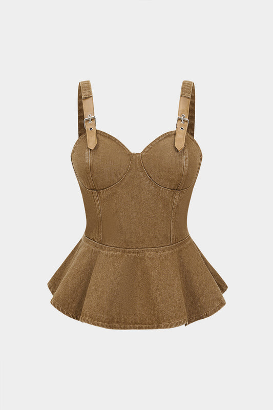 Denim Faux Leather Patchwork Zipper Crop Top
