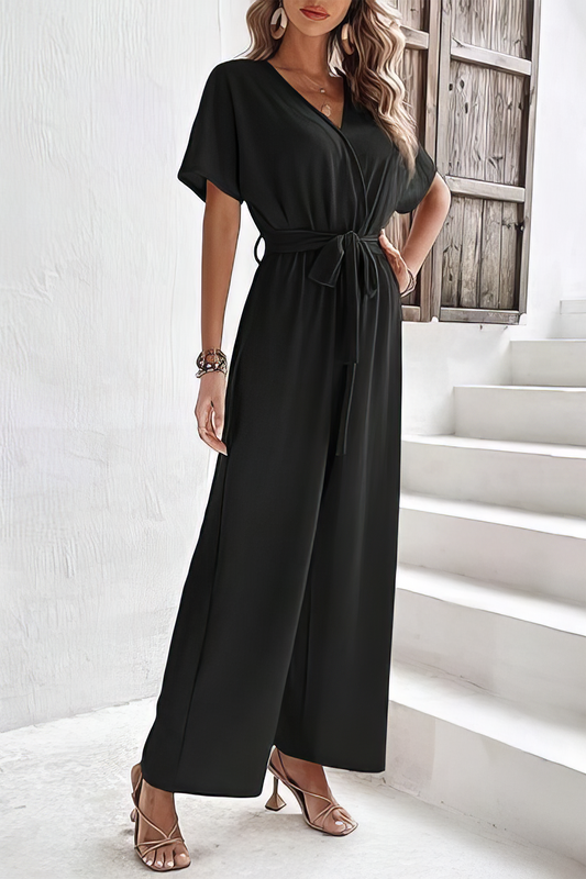 Ruched Tie-Up Backless Short Sleeve Wide Leg Jumpsuit