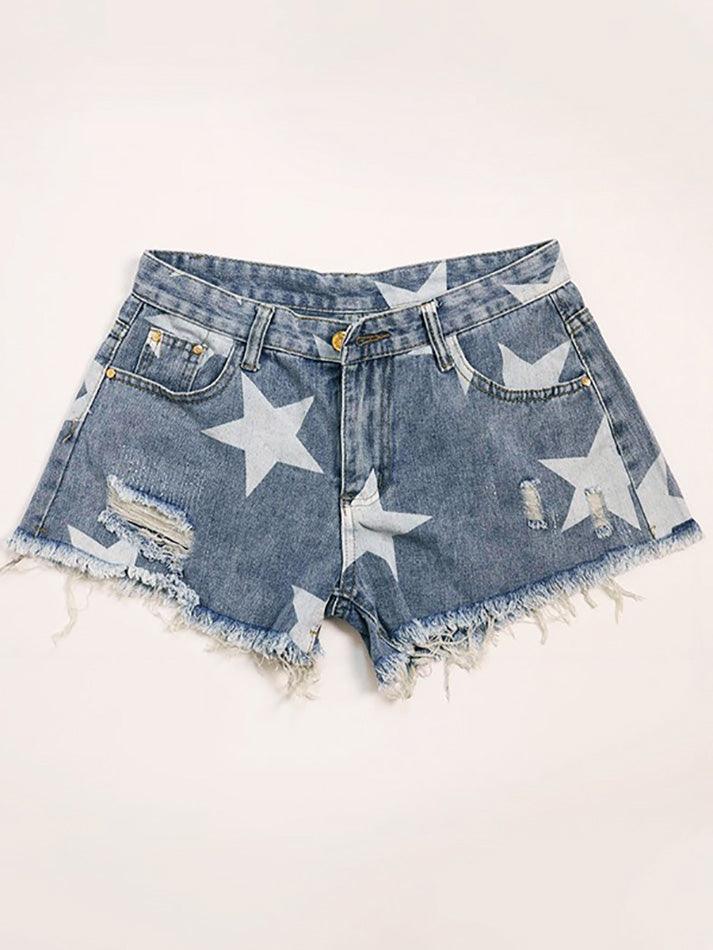 Blue Y2K Star Print Ripped Low Rise Denim Shorts