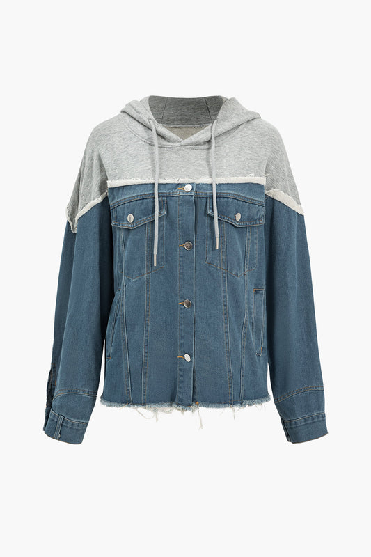 Denim Button Patchwork Hooded Pocket Long Sleeve Shirt