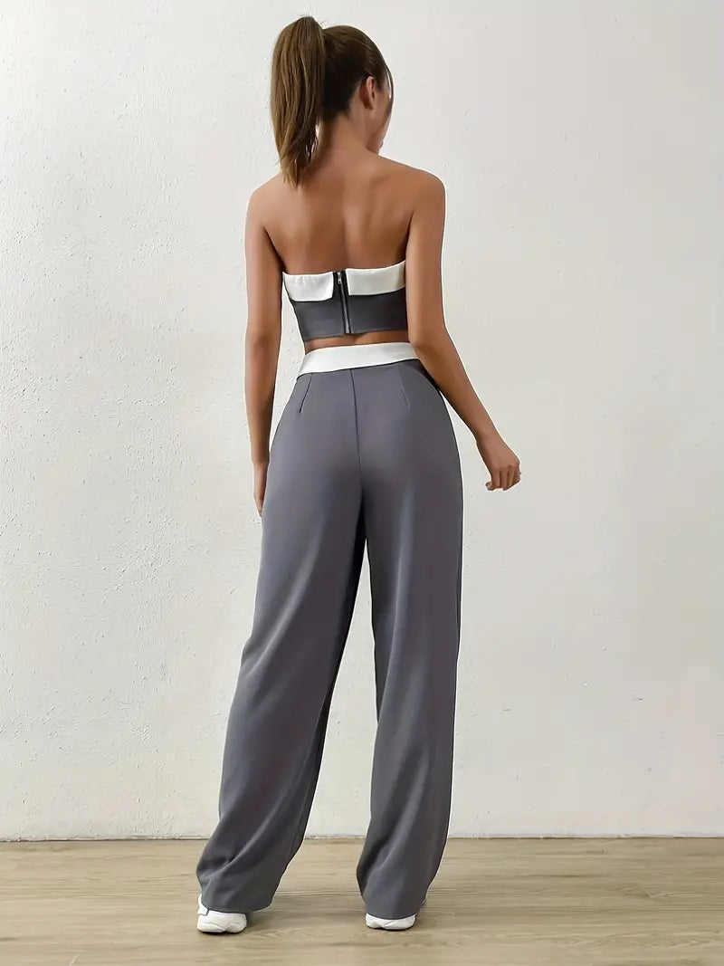 Contrast Vintage Off Shoulder Tube Top & Pants Two Piece Set